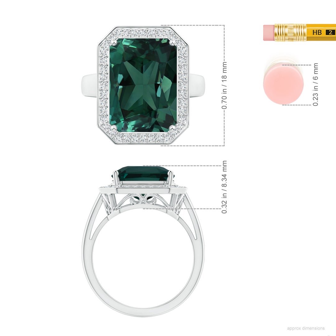 13.82x11.58x10.49mm AAAA GIA Certified Octagonal Teal Colour Sapphire Ring with Diamonds in White Gold - ruler