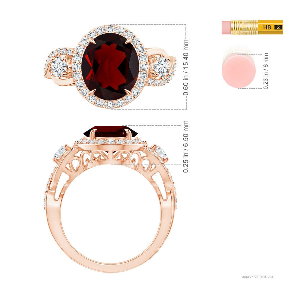 12.1x9.02x4.53mm AAAA GIA Certified Oval Garnet Crossover Shank Halo Ring in Rose Gold ruler