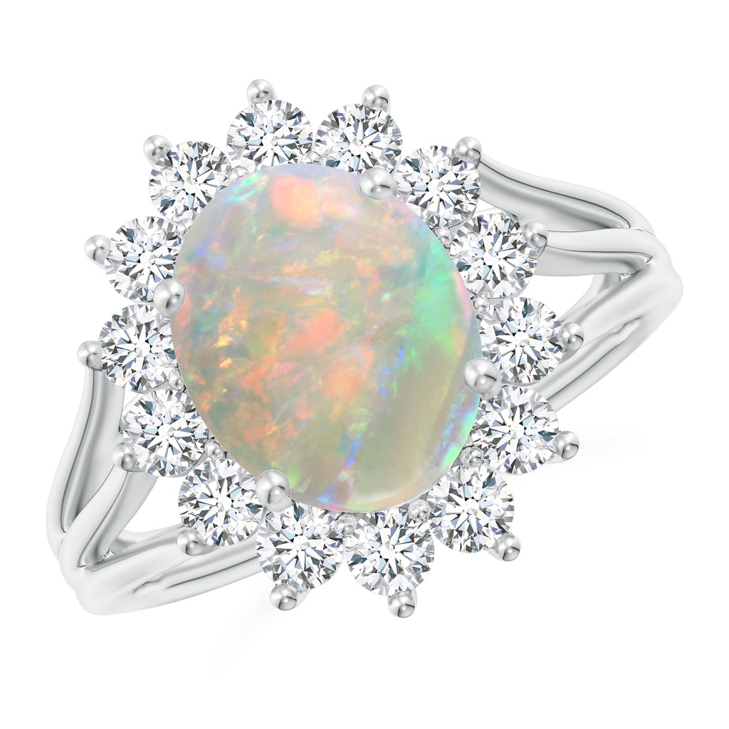 10x8mm AAAA Oval Opal Triple Shank Floral Halo Ring in P950 Platinum