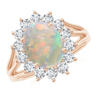10x8mm AAAA Oval Opal Triple Shank Floral Halo Ring in Rose Gold