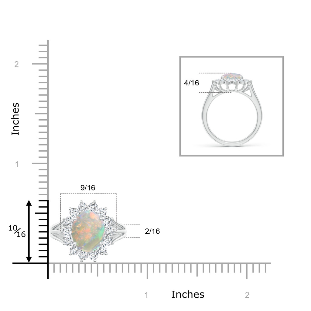 10x8mm AAAA Oval Opal Triple Shank Floral Halo Ring in White Gold Ruler