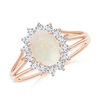 8x6mm A Oval Opal Triple Shank Floral Halo Ring in 9K Rose Gold