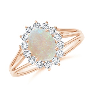 8x6mm AA Oval Opal Triple Shank Floral Halo Ring in Rose Gold