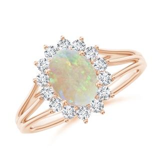 8x6mm AAA Oval Opal Triple Shank Floral Halo Ring in 9K Rose Gold