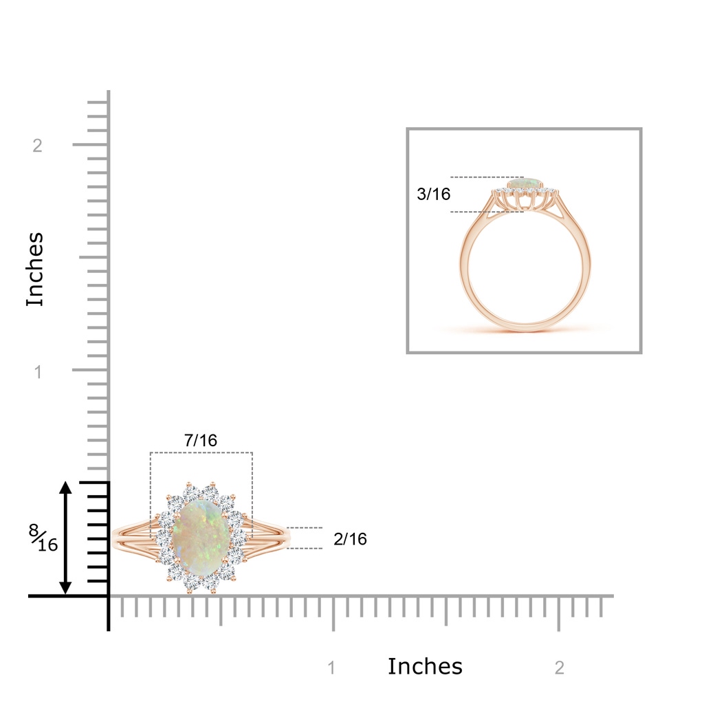 8x6mm AAA Oval Opal Triple Shank Floral Halo Ring in Rose Gold Ruler