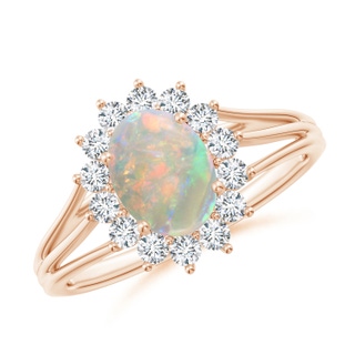 8x6mm AAAA Oval Opal Triple Shank Floral Halo Ring in 9K Rose Gold