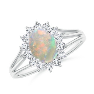8x6mm AAAA Oval Opal Triple Shank Floral Halo Ring in P950 Platinum