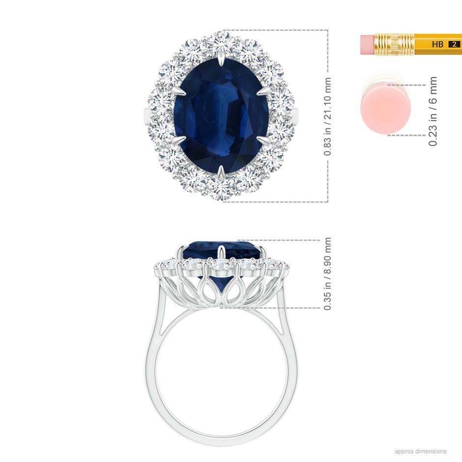 14.43x11.51x5.78mm AA GIA Certified Classic Oval Blue Sapphire Ring with Diamond Halo in 18K White Gold ruler