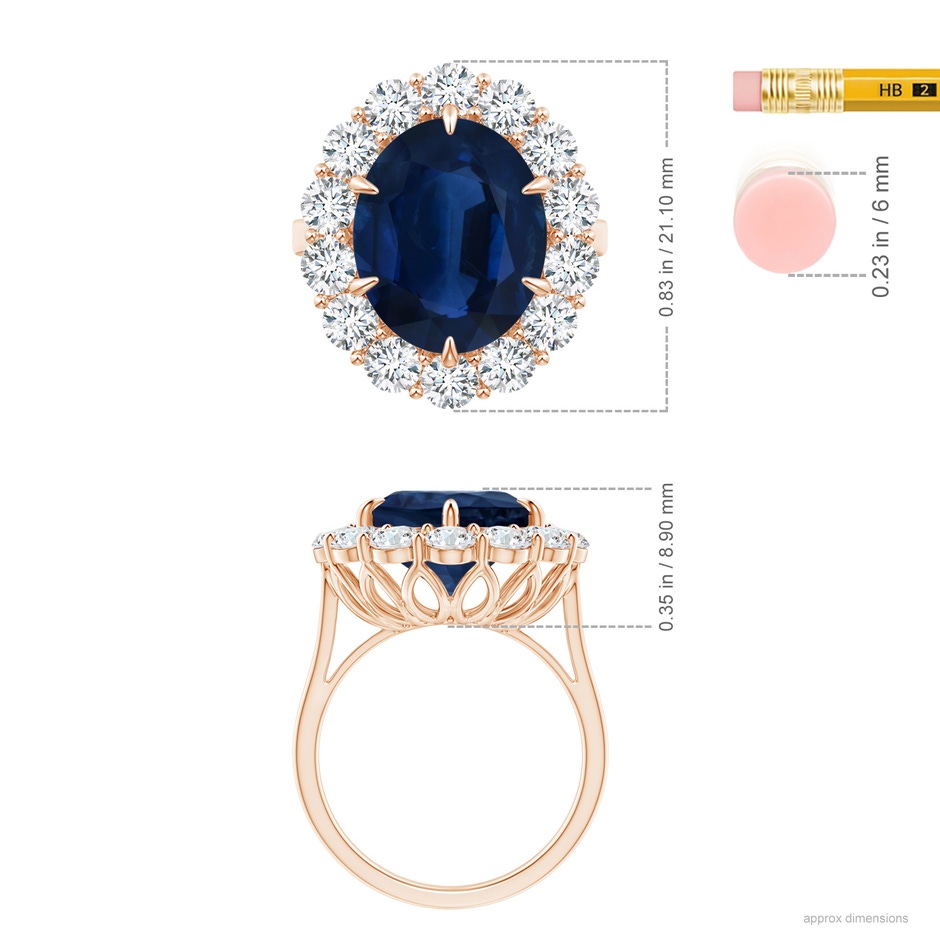 14.43x11.51x5.78mm AA GIA Certified Classic Oval Blue Sapphire Ring with Diamond Halo in Rose Gold ruler