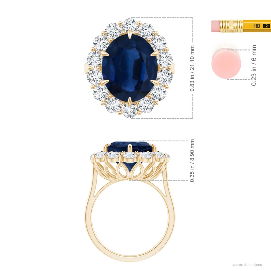 14.43x11.51x5.78mm AA GIA Certified Classic Oval Blue Sapphire Ring with Diamond Halo in Yellow Gold ruler
