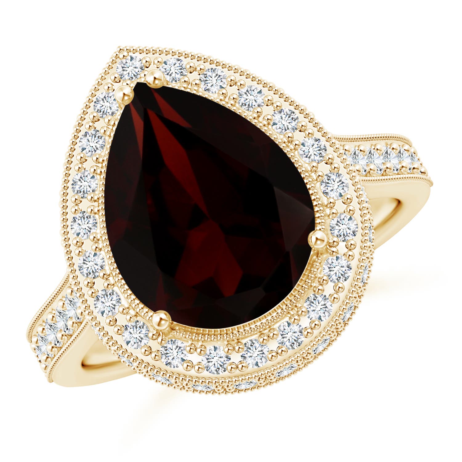 11.85x7.88x4.79mm AAAA GIA Certified Pear-Shaped Garnet Ring with Filigree in Yellow Gold