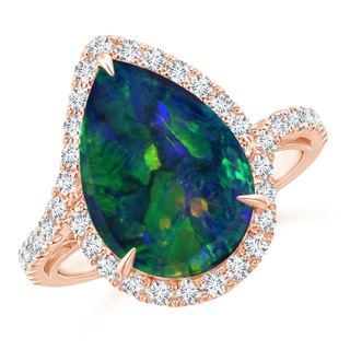 13.16x9.81x2.89mm AAA GIA Certified Black Opal Bypass Ring with Diamond Halo in 18K Rose Gold