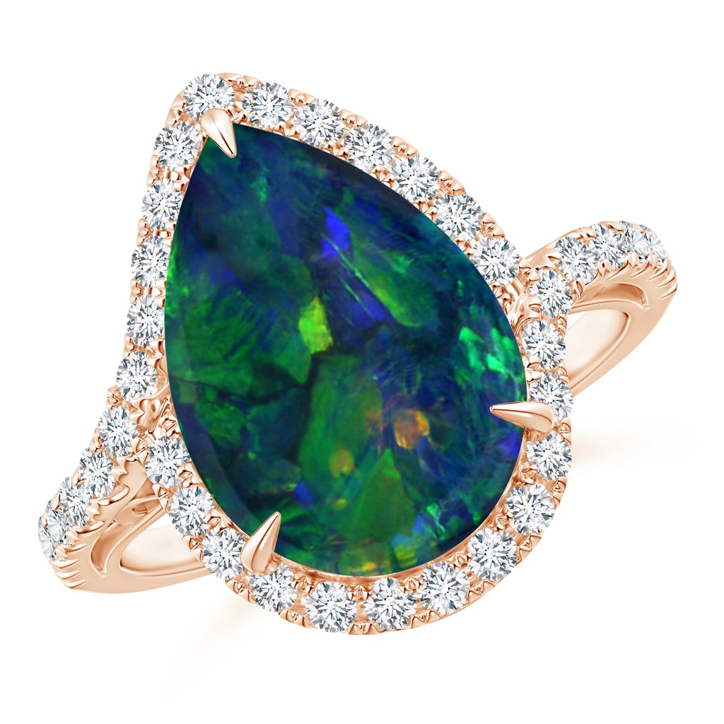 13.16x9.81x2.89mm AAA GIA Certified Black Opal Bypass Ring with Diamond Halo in Rose Gold