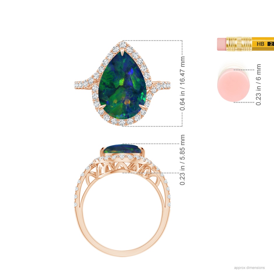 13.16x9.81x2.89mm AAA GIA Certified Black Opal Bypass Ring with Diamond Halo in Rose Gold ruler