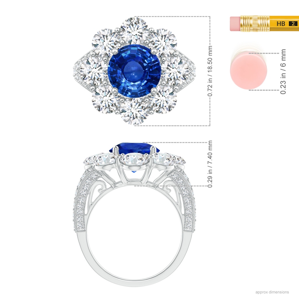 8.60x8.50x4.97mm AAA GIA Certified Classic Blue Sapphire Floral Halo Ring in White Gold Ruler