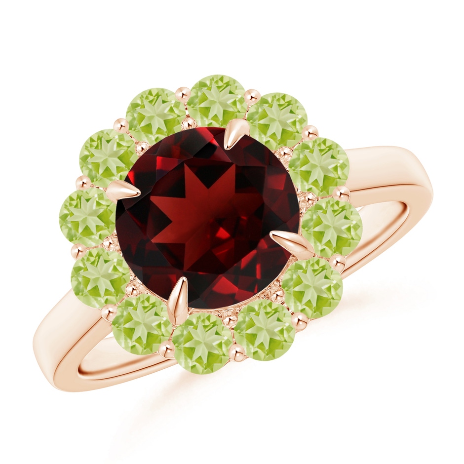 8mm AAA Garnet & Peridot Floral Halo Cocktail Ring in Rose Gold 