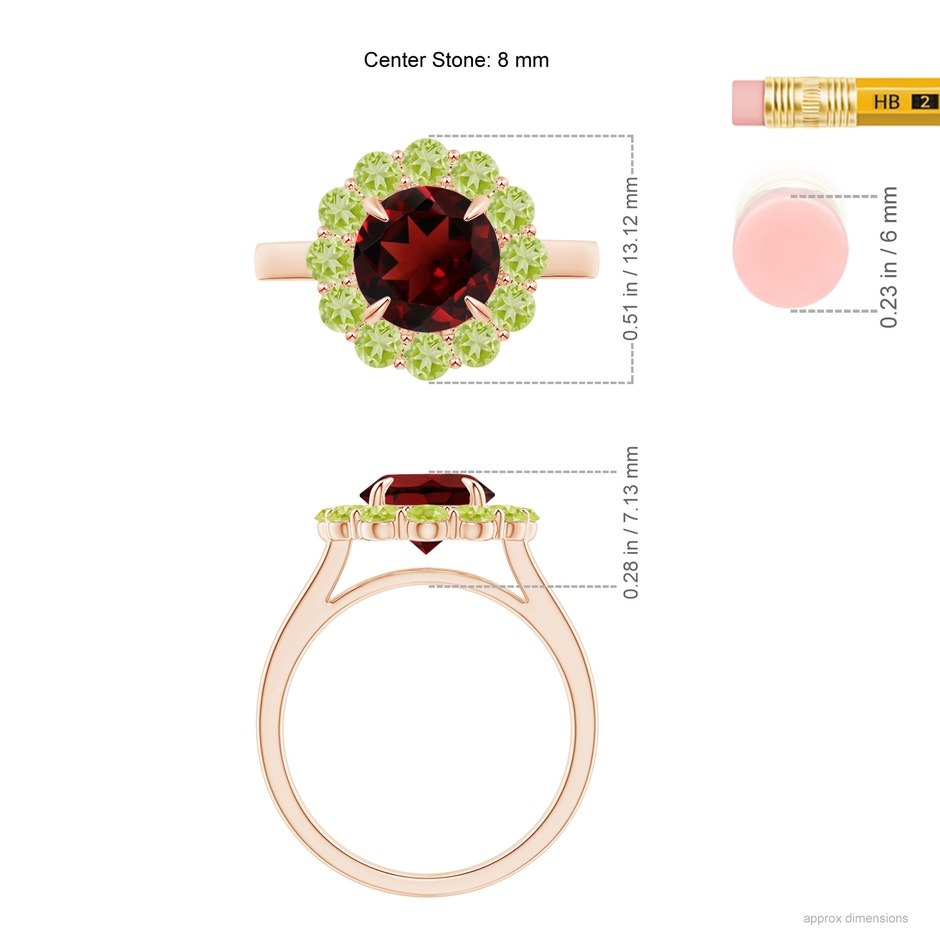 8mm AAA Garnet & Peridot Floral Halo Cocktail Ring in Rose Gold ruler