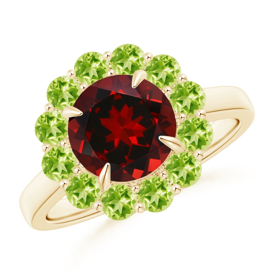 8mm AAAA Garnet & Peridot Floral Halo Cocktail Ring in Yellow Gold 