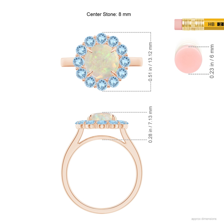 8mm AAA Opal & Aquamarine Floral Halo Cocktail Ring in Rose Gold ruler