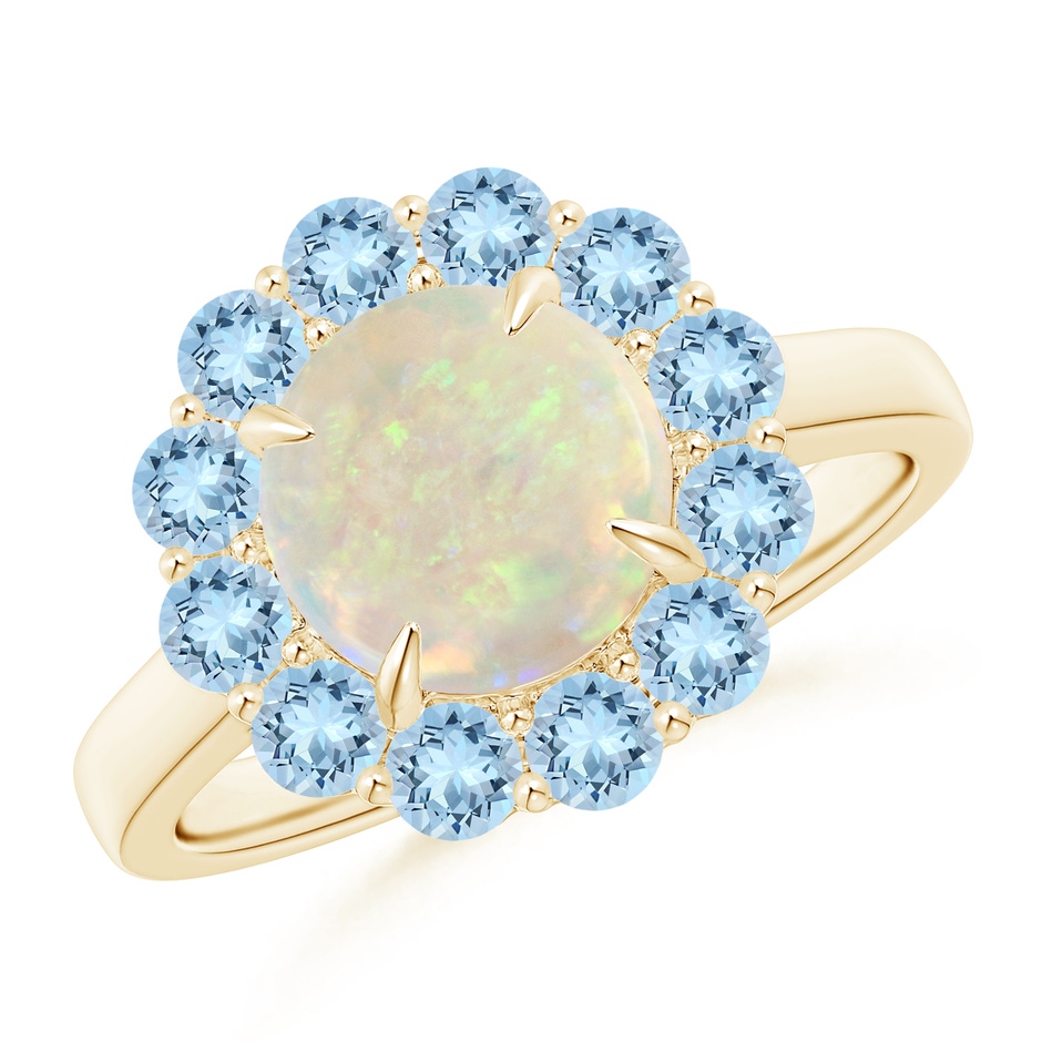 8mm AAA Opal & Aquamarine Floral Halo Cocktail Ring in Yellow Gold 