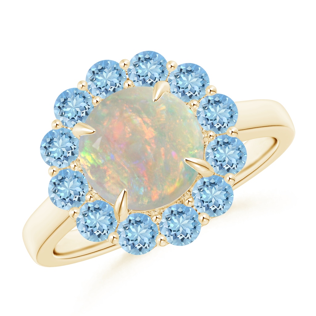 8mm AAAA Opal & Aquamarine Floral Halo Cocktail Ring in Yellow Gold