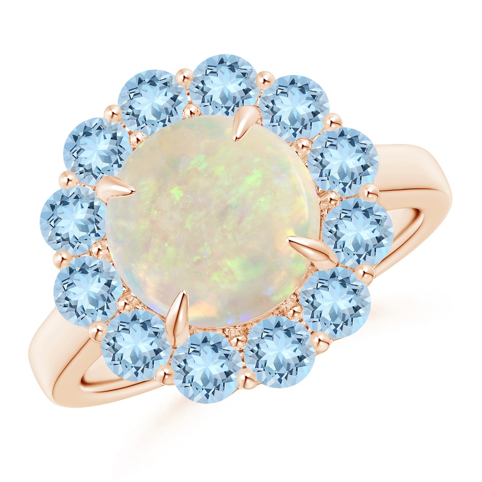 9mm AAA Opal & Aquamarine Floral Halo Cocktail Ring in 18K Rose Gold 