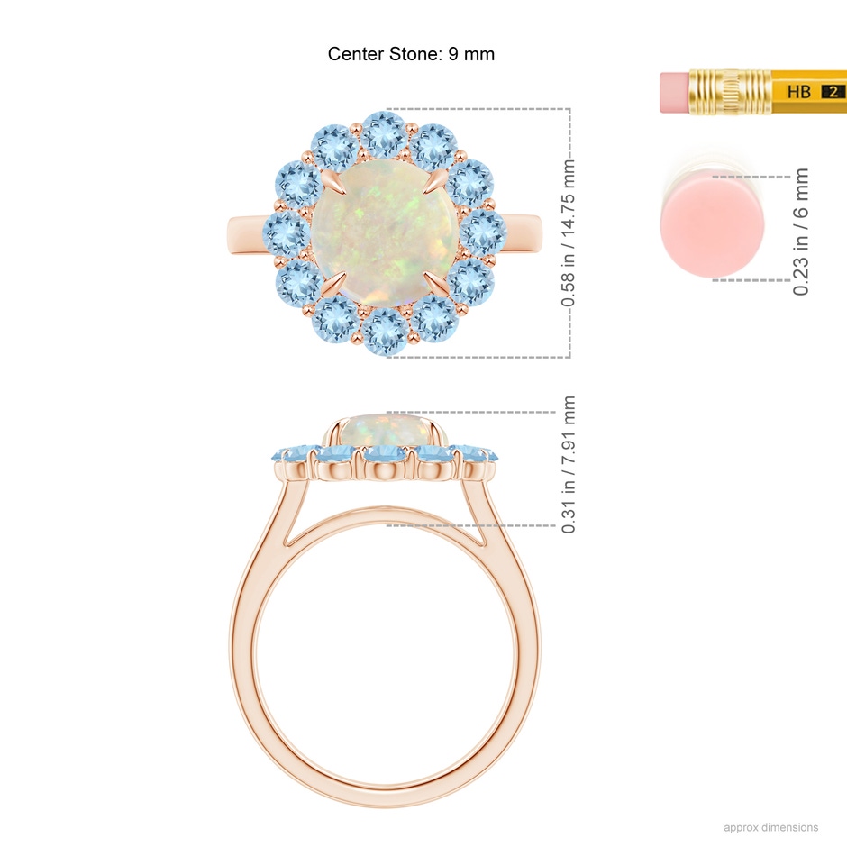 9mm AAA Opal & Aquamarine Floral Halo Cocktail Ring in 18K Rose Gold ruler