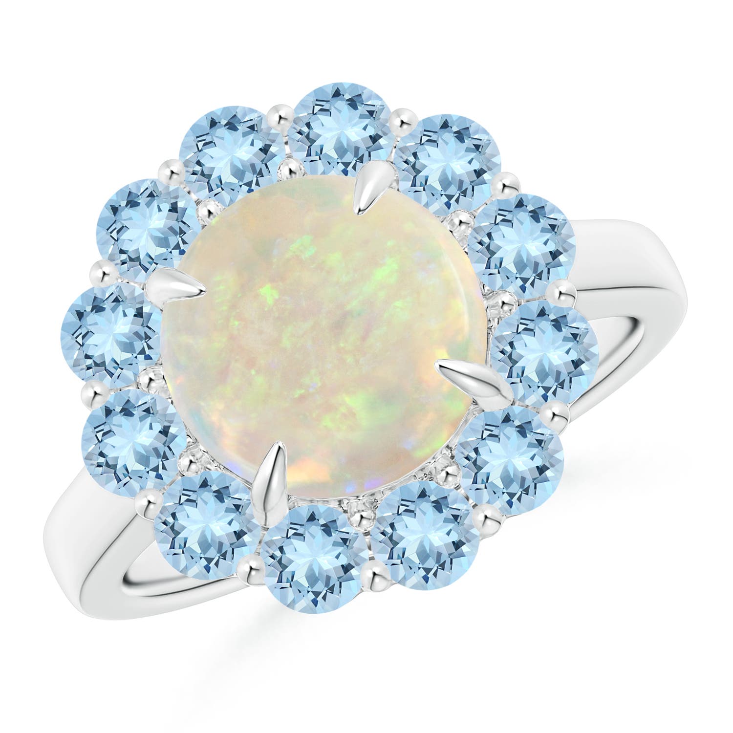 9mm AAA Opal & Aquamarine Floral Halo Cocktail Ring in 18K White Gold