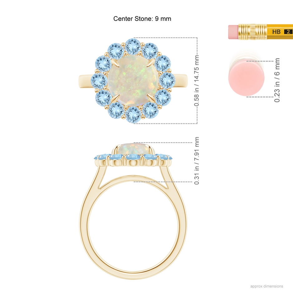 9mm AAA Opal & Aquamarine Floral Halo Cocktail Ring in Yellow Gold ruler