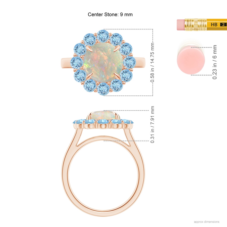 9mm AAAA Opal & Aquamarine Floral Halo Cocktail Ring in 18K Rose Gold ruler