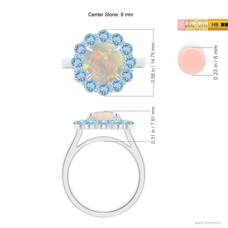 9mm AAAA Opal & Aquamarine Floral Halo Cocktail Ring in White Gold ruler