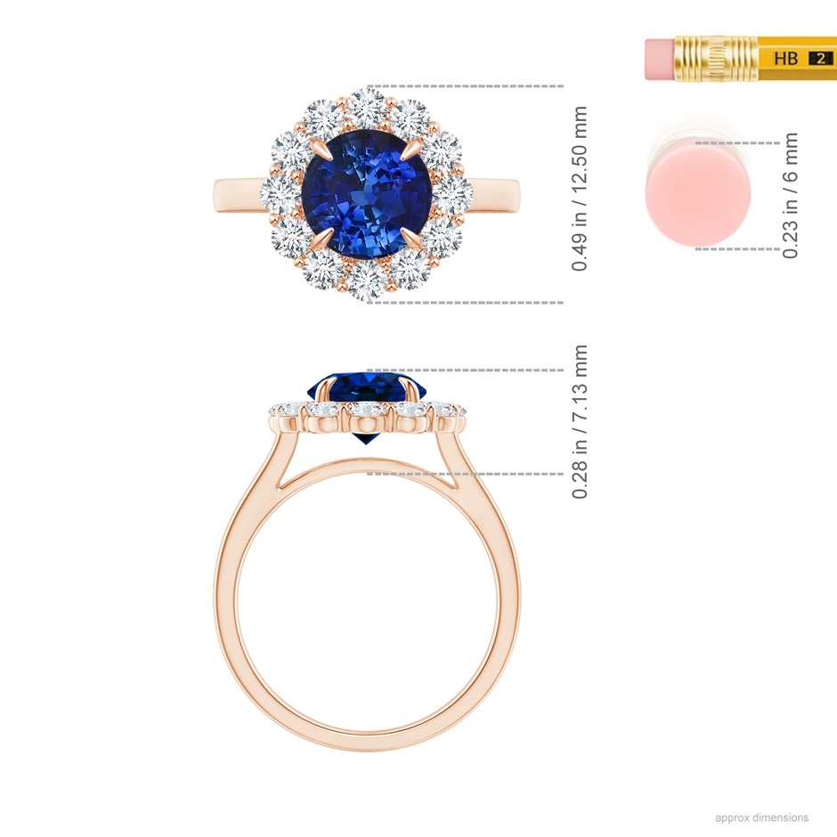 7.51-7.59x5.29mm AAA Vintage Style GIA Certified Blue Sapphire Floral Halo Ring in Rose Gold Ruler