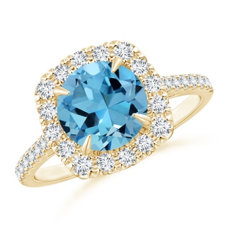 7.57x7.51x5.11mm AAAA GIA Certified Classic Swiss Blue Topaz Round Halo Ring in 9K Yellow Gold