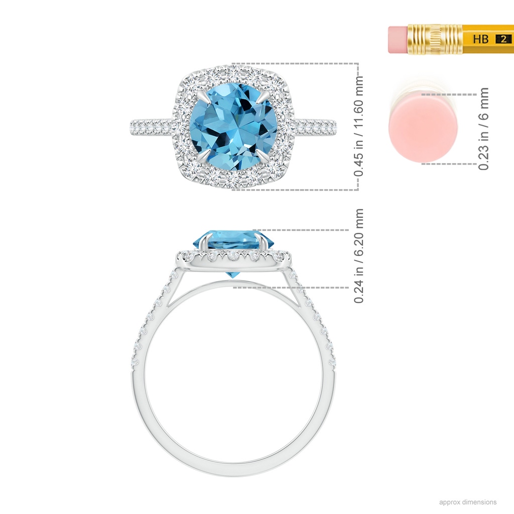 7.57x7.51x5.11mm AAAA GIA Certified Classic Swiss Blue Topaz Round Halo Ring in White Gold ruler