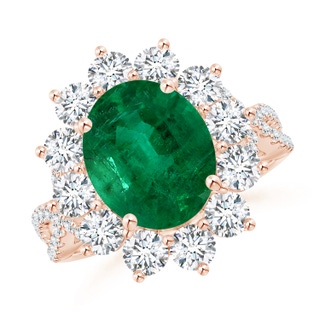 9.10x7.07x4.48mm AA GIA Certified Oval Emerald Split Shank Ring with Floral Halo in 18K Rose Gold