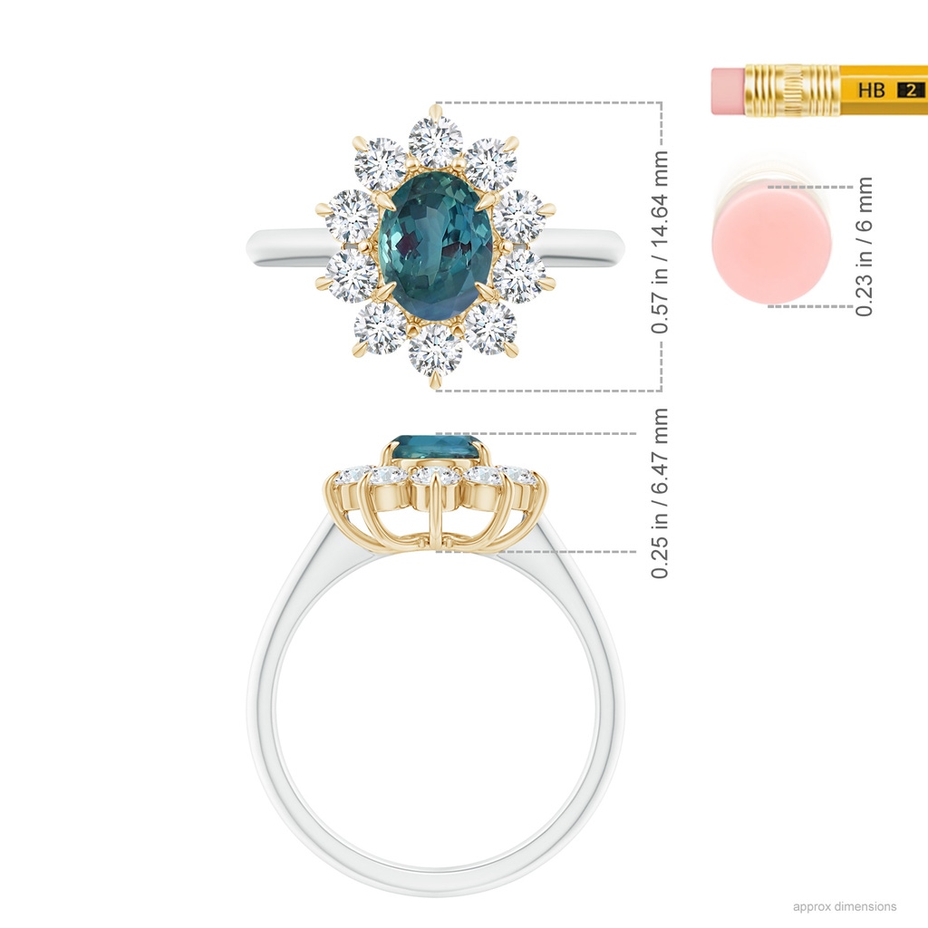 7.76x5.63x4.54mm AAAA Two Tone GIA Certified Oval Alexandrite Floral Halo Ring in White Gold Yellow Gold ruler