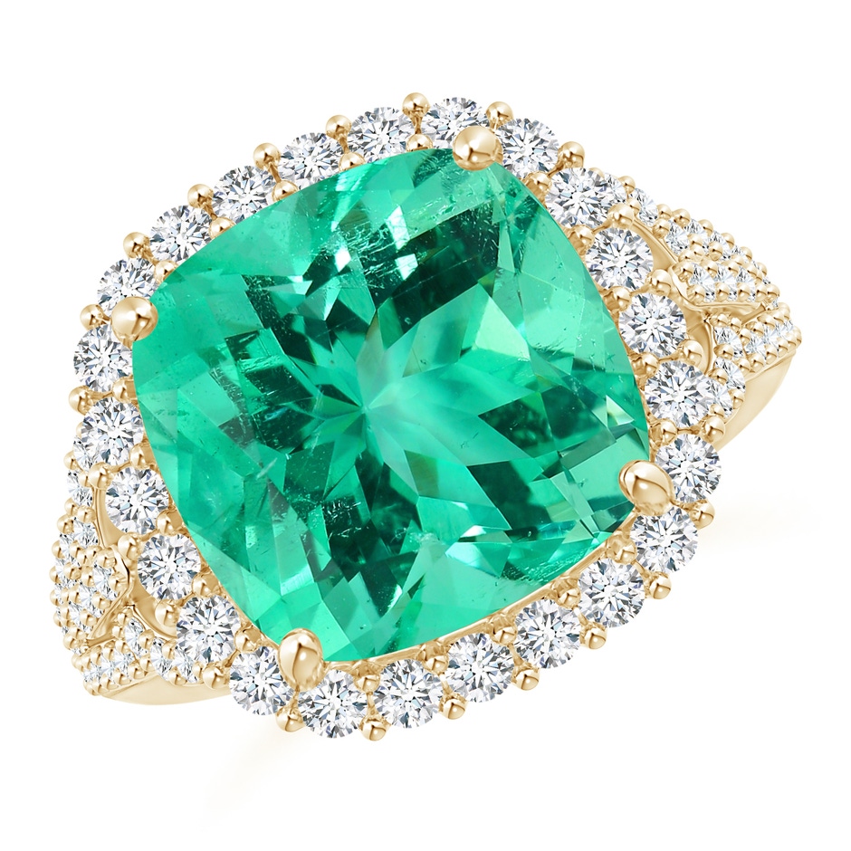 11.75x11.71x8.53mm AA GIA Certified Cushion Columbian Emerald Split Shank Halo Ring in 10K Yellow Gold 