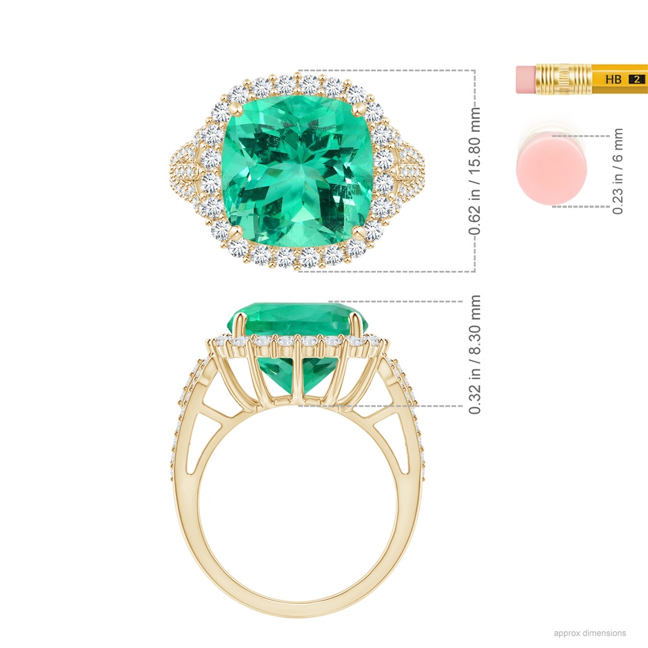 11.75x11.71x8.53mm AA GIA Certified Cushion Columbian Emerald Split Shank Halo Ring in 10K Yellow Gold ruler