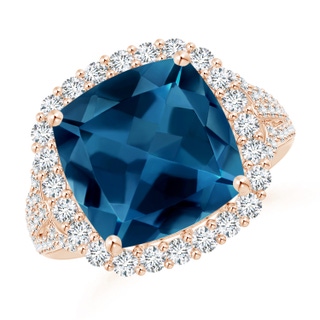 12mm AAA Cushion London Blue Topaz Split Shank Cocktail Halo Ring in Rose Gold