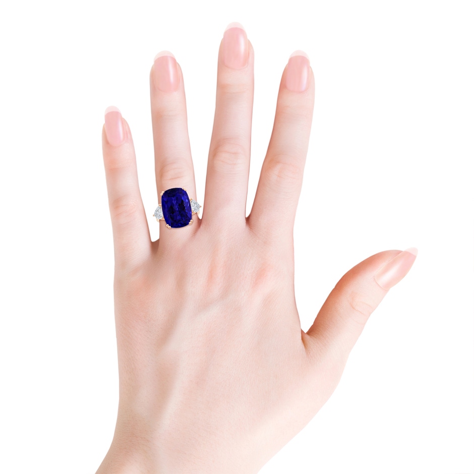16.50x11.64x8.75mm AAAA GIA Certified Cushion Tanzanite Ring with Trillion Diamonds in 9K Rose Gold ruler