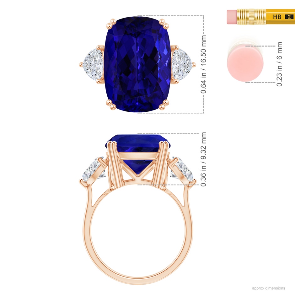 16.50x11.64x8.75mm AAAA GIA Certified Cushion Tanzanite Ring with Trillion Diamonds in Rose Gold ruler