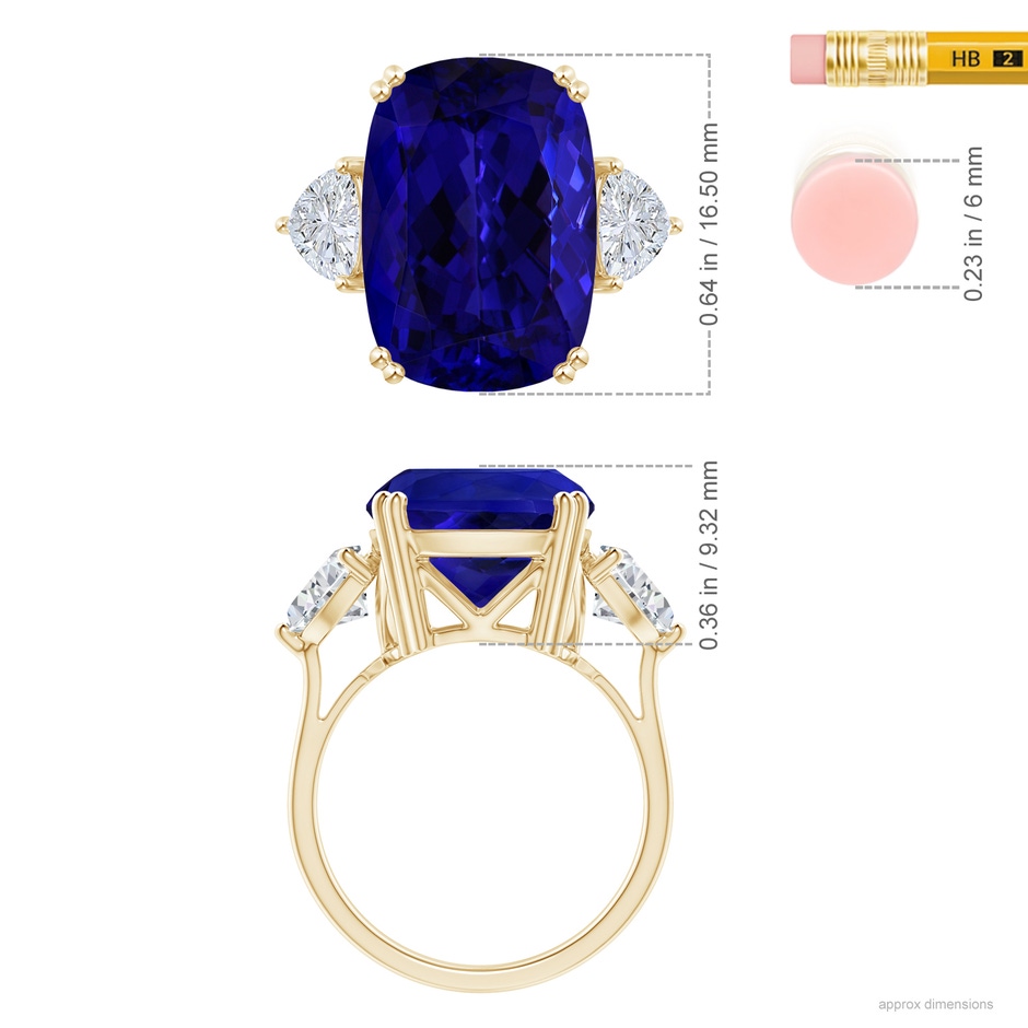 16.50x11.64x8.75mm AAAA GIA Certified Cushion Tanzanite Ring with Trillion Diamonds in Yellow Gold ruler