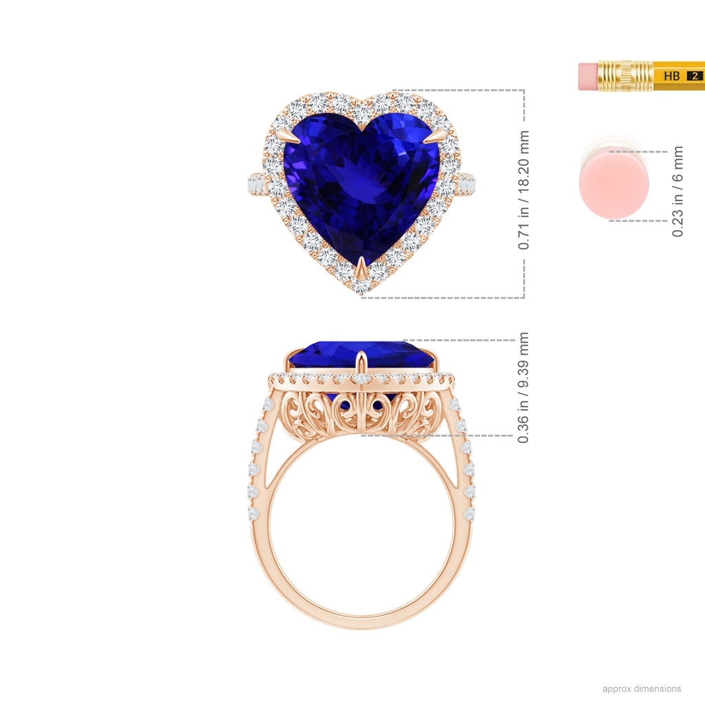 12.59x12.63x8.65mm AAAA GIA Certified Heart-Shaped Tanzanite Ring with Diamond Halo in Rose Gold Ruler