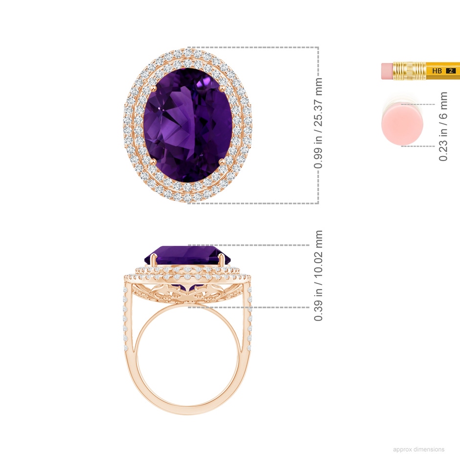 18.26x13.16x9.75mm AA GIA Certified Amethyst Double Halo Cocktail Ring in Rose Gold ruler