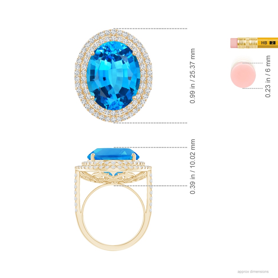 18.02x13.03x9.46mm AAAA GIA Certified Swiss Blue Topaz Double Halo Cocktail Ring in Yellow Gold ruler