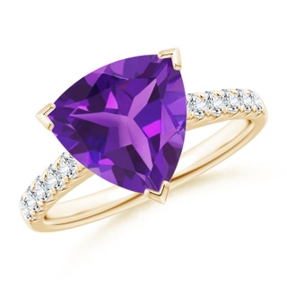 10mm AAAA V-Prong Set Trillion Amethyst Cocktail Ring with Diamonds in Yellow Gold