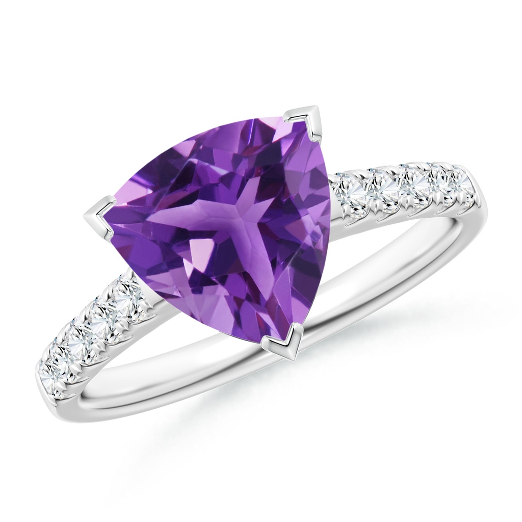 9mm AAA V-Prong Set Trillion Amethyst Cocktail Ring with Diamonds in White Gold