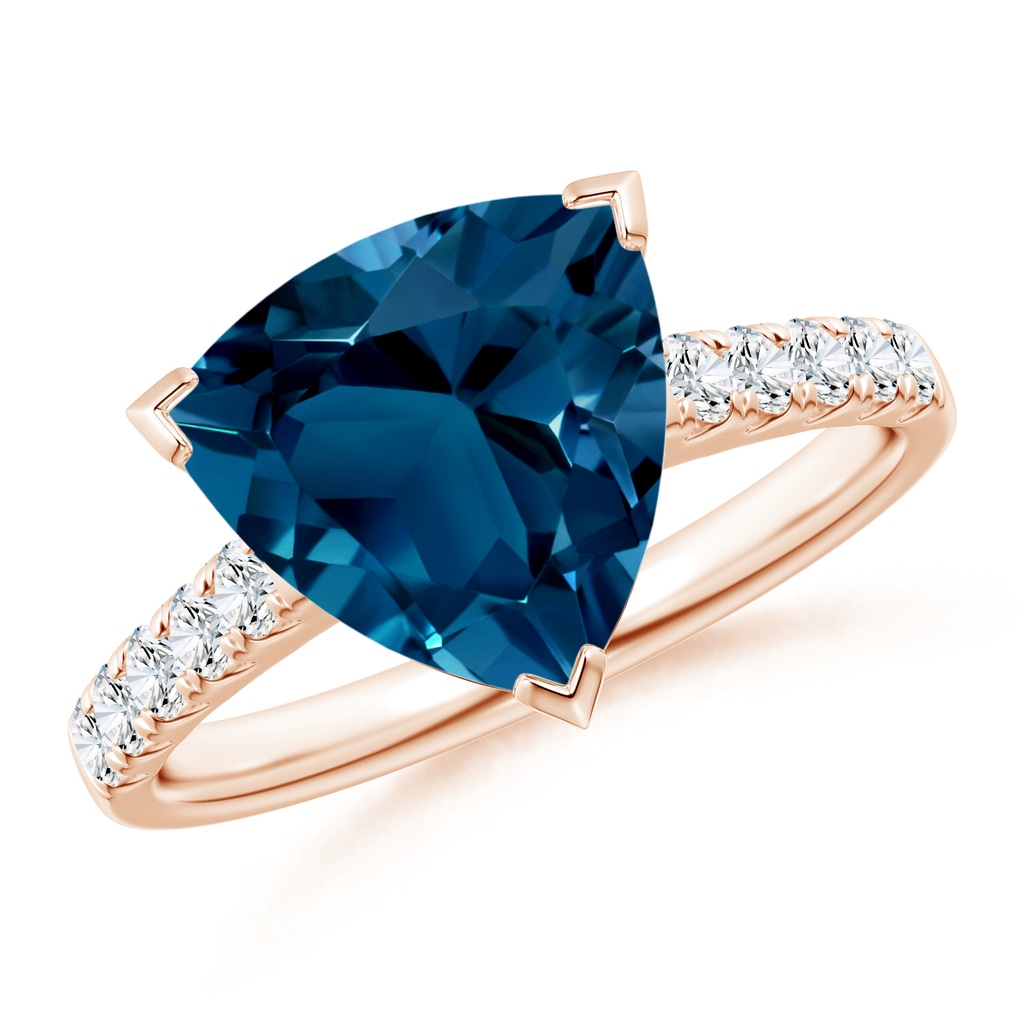 10mm AAAA V-Prong Set Trillion London Blue Topaz Ring with Diamonds in Rose Gold
