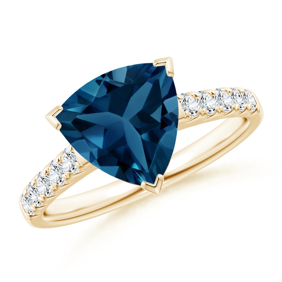 9mm AAA V-Prong Set Trillion London Blue Topaz Ring with Diamonds in Yellow Gold 