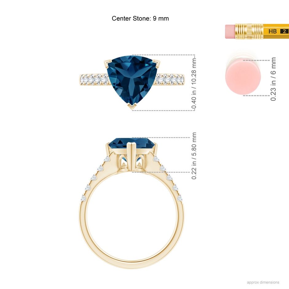 9mm AAA V-Prong Set Trillion London Blue Topaz Ring with Diamonds in Yellow Gold ruler